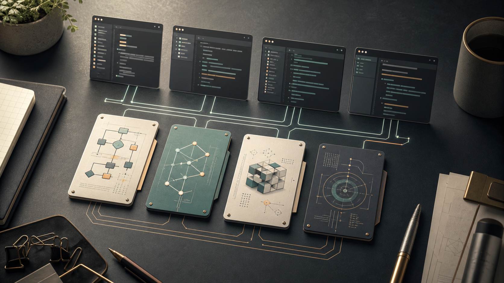 Illustration of reusable LLM agent skill modules on a developer workbench