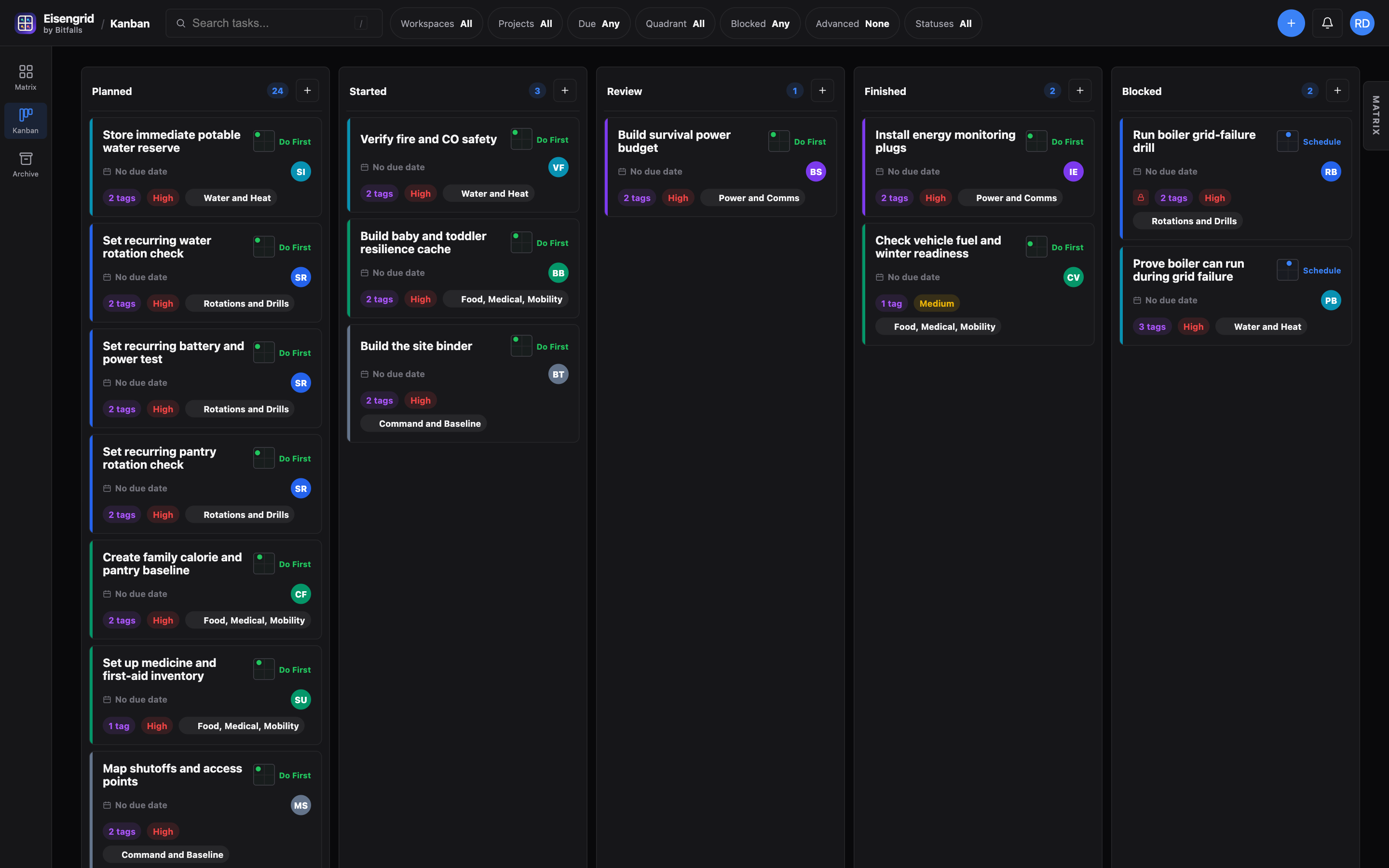 Eisengrid Kanban view with resilience tasks in dark mode